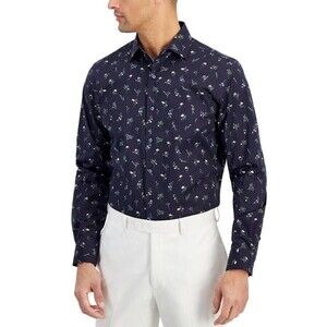 Bar III Men's Slim-Fit Stretch Spring Garden Dress Shirt Navy Blue XL 17-17.5